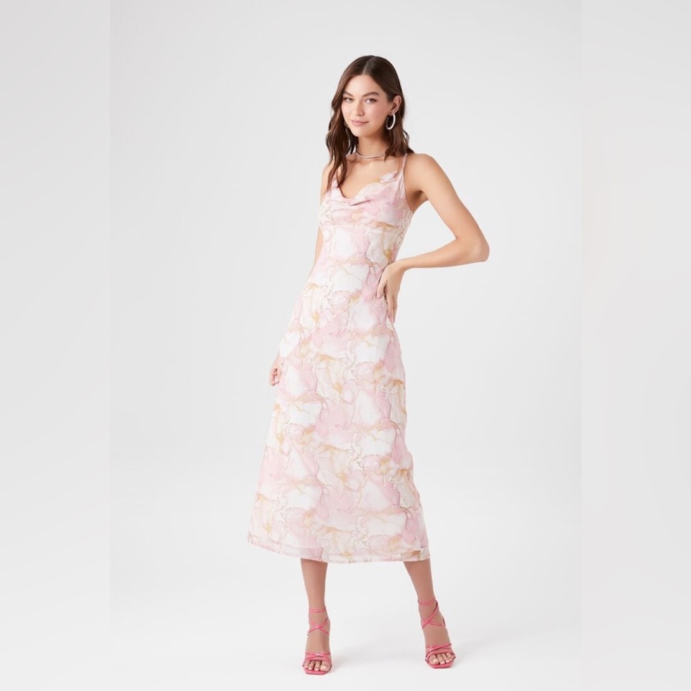 Forever 21 Abstract Print Cowl Neck Midi Dress Dawn Pink/Multi Size Small
